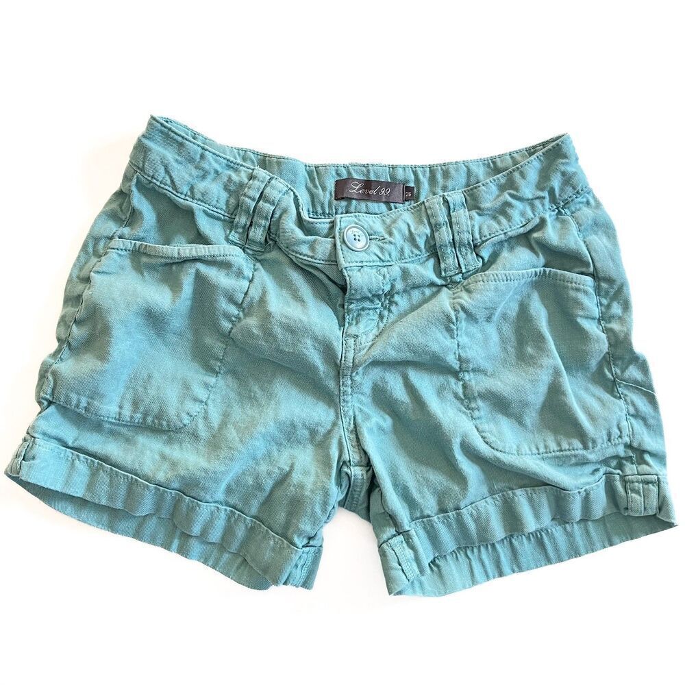 Anthropology Level 99 linen blend shorts flat front teal blue comfy size 26